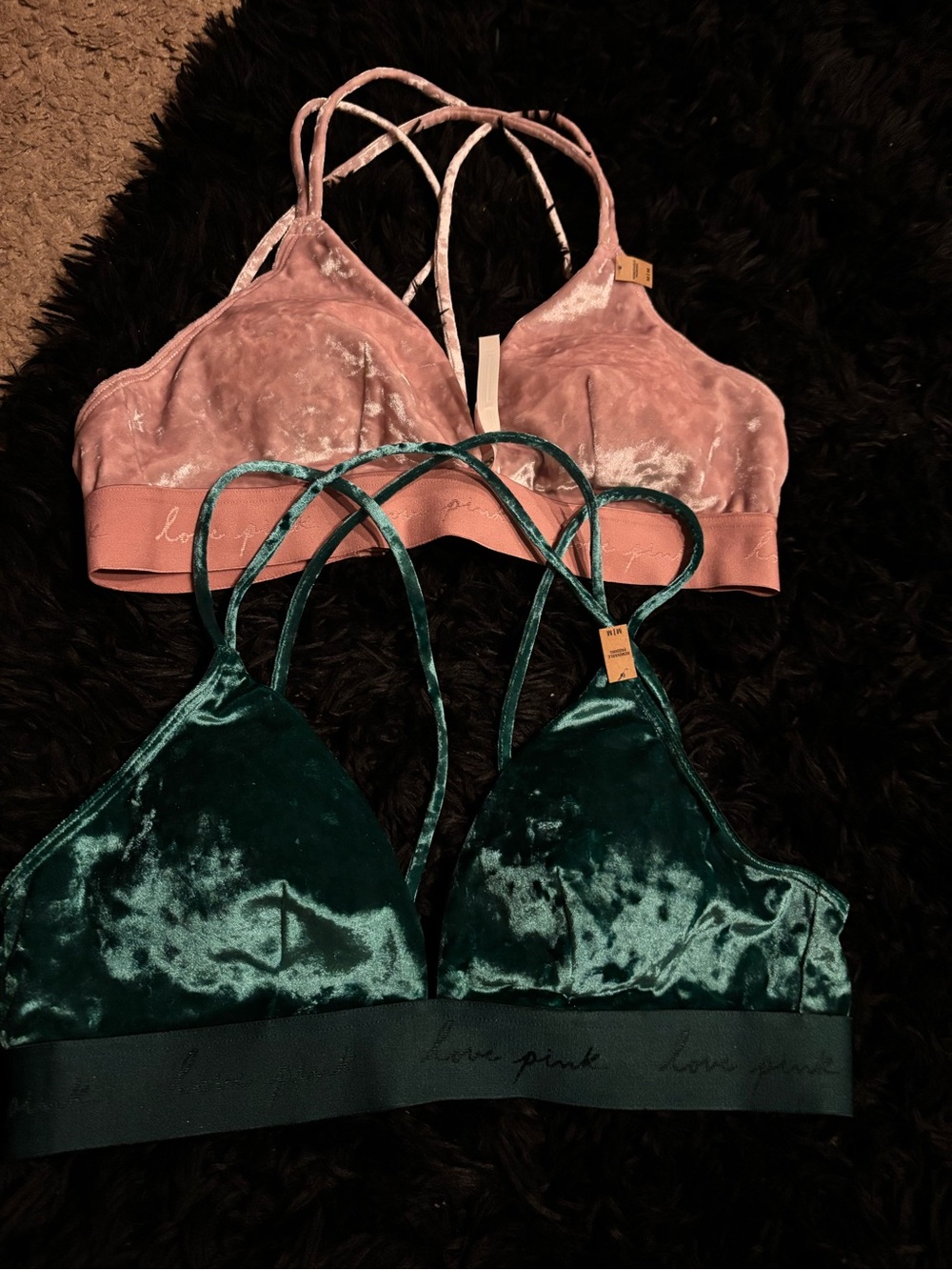 PINK Victoria's Secret Velvet Bralettes in Blush Pink & Teal lot of 2
